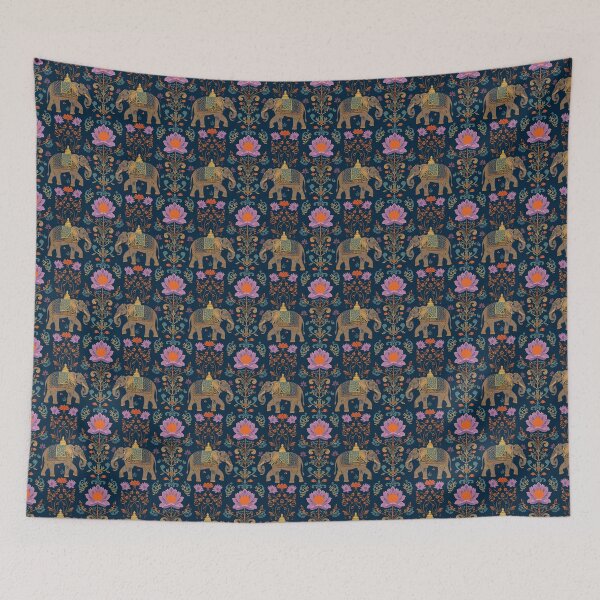 Item preview, Ornate Caparisoned Elephant and Jewel Lotus Motif Seamless Pattern on Deep Indigo Blue designed and sold by NarinJintana.