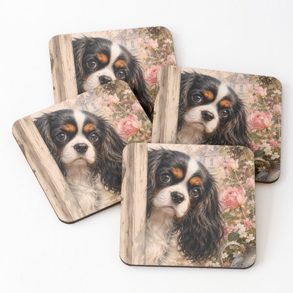 Item preview, Tricolor Cavalier King Charles Spaniel Peeking Through a Garden Gate | Cute Floral Dog Portrait designed and sold by ManJiangHong.