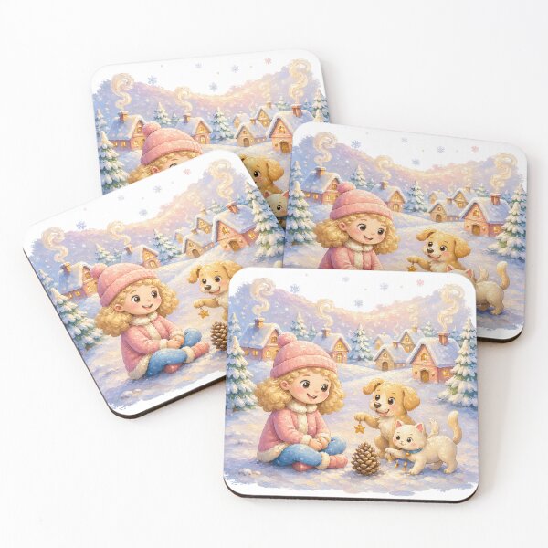 Item preview, Kawaii Christmas Winter Scene Oil Painting  Girl, Puppy & Kitten designed and sold by Wawa5656.