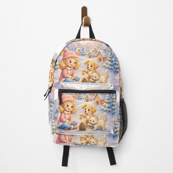 Item preview, Kawaii Christmas Winter Scene Oil Painting Girl, Puppy & Kitten designed and sold by Wawa5656.