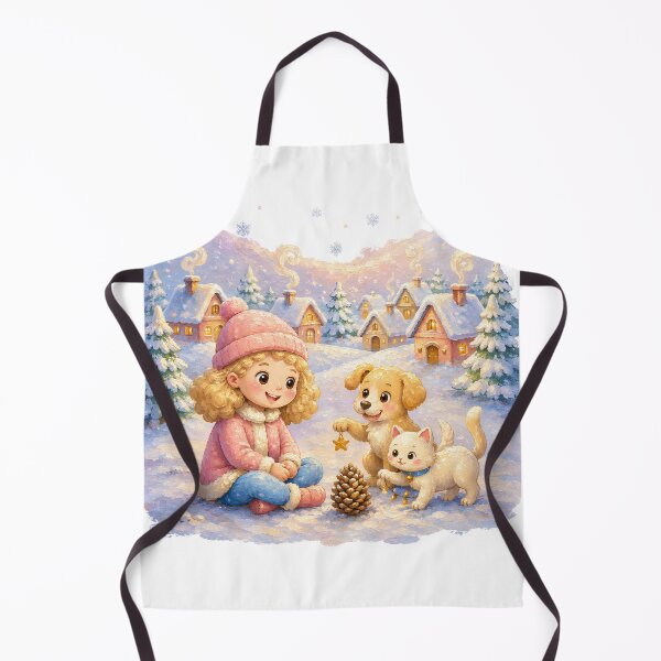Item preview, Kawaii Christmas Winter Scene Oil Painting Girl, Puppy & Kitten designed and sold by Wawa5656.