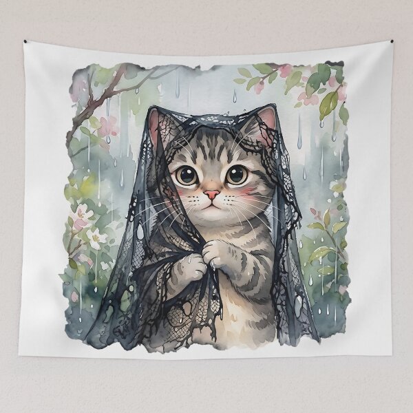 Item preview, Rainy Shy Kitten | Cute Watercolor Cat with Lace Veil | Cozy Cottagecore Aesthetic designed and sold by CuteKats.