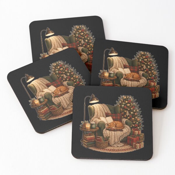 Item preview, Cozy Christmas Reading Nook with Sleeping Cat, Book, Hot Cocoa & Christmas Tree designed and sold by MotylekAnia.