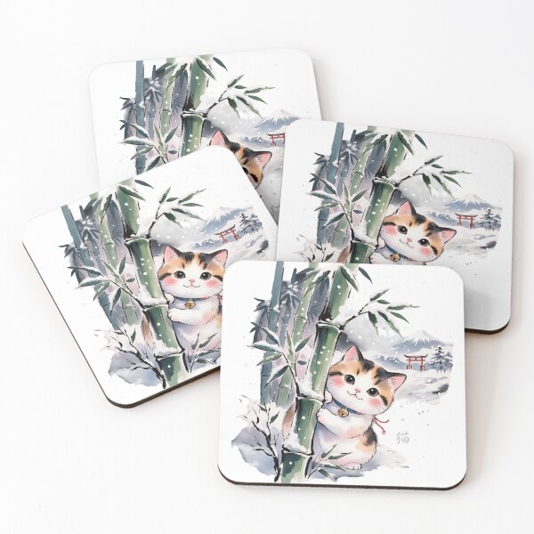Item preview, Japanese Winter Bamboo Cat – Cute Kawaii Watercolor Kitten designed and sold by CuteKats.