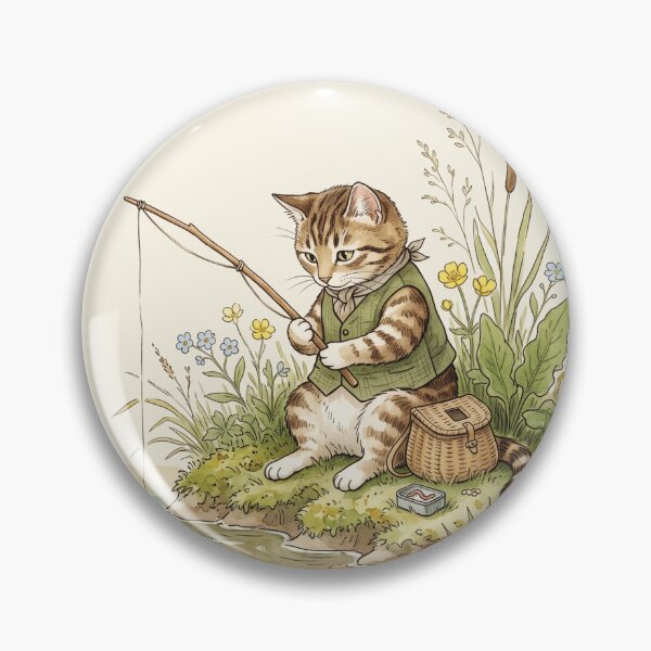 Item preview, Whimsical Tabby Cat Fishing by the Riverbank Watercolor Art designed and sold by Pasteltone.