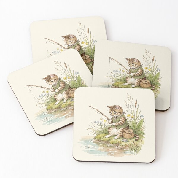 Item preview, Whimsical Tabby Cat Fishing by the Riverbank Watercolor Art designed and sold by Pasteltone.
