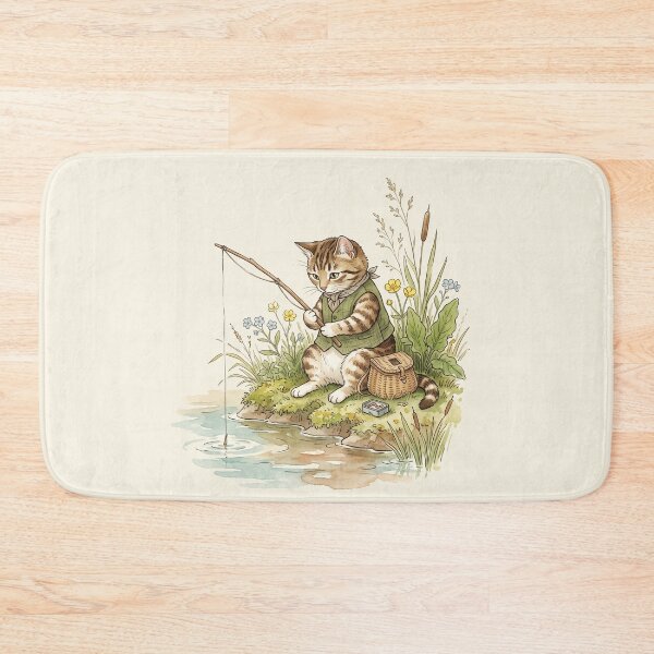 Item preview, Whimsical Tabby Cat Fishing by the Riverbank Watercolor Art designed and sold by Pasteltone.