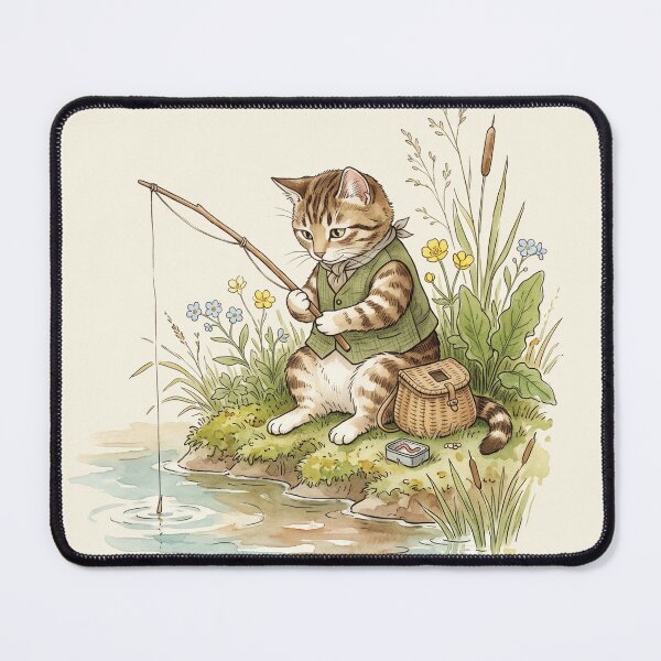 Item preview, Whimsical Tabby Cat Fishing by the Riverbank Watercolor Art designed and sold by Pasteltone.