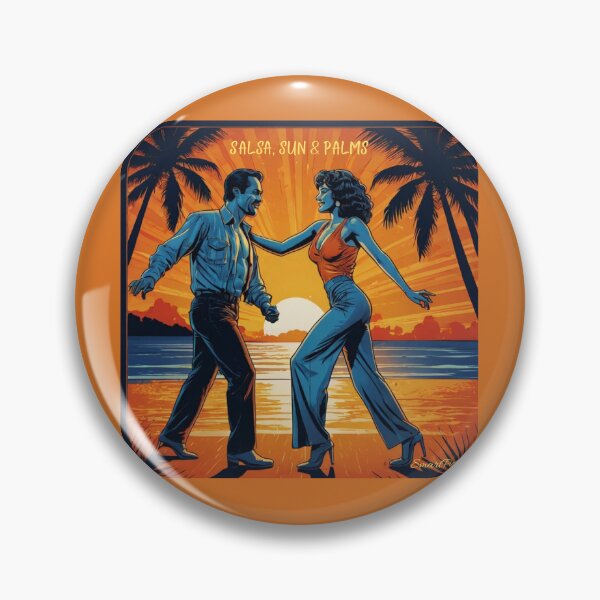 Item preview, Salsa, Sun & Palms – Retro Latino Dance Couple Illustration, Vintage 1970s Tropical Sunset Beach Circle, Hispanic Dancers Apparel Graphic Sticker designed and sold by SmartPuns.