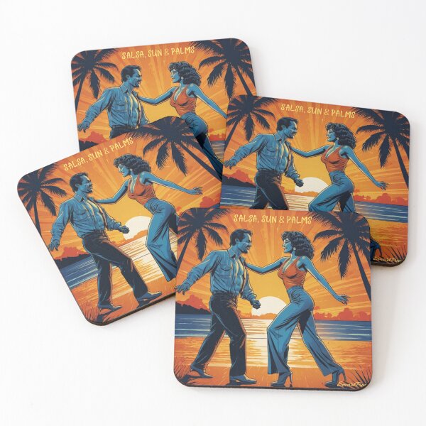 Item preview, Salsa, Sun & Palms – Retro Latino Dance Couple Illustration, Vintage 1970s Tropical Sunset Beach Circle, Hispanic Dancers Apparel Graphic Sticker designed and sold by SmartPuns.