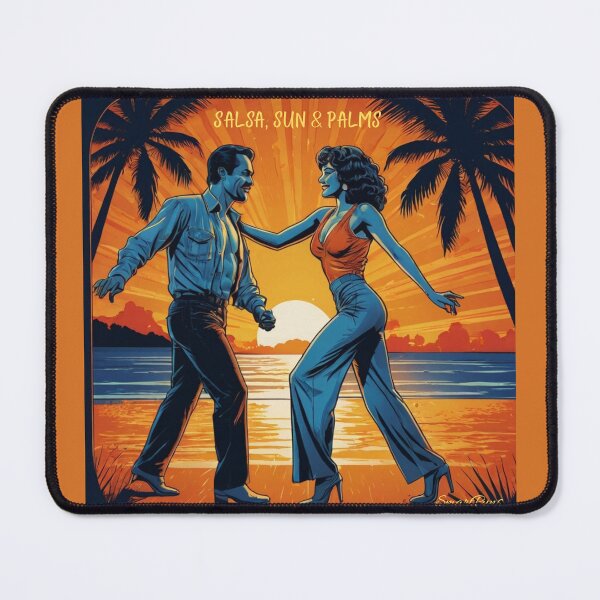Item preview, Salsa, Sun & Palms – Retro Latino Dance Couple Illustration, Vintage 1970s Tropical Sunset Beach Circle, Hispanic Dancers Apparel Graphic Sticker designed and sold by SmartPuns.