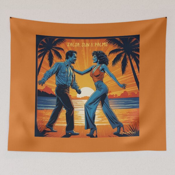 Item preview, Salsa, Sun & Palms – Retro Latino Dance Couple Illustration, Vintage 1970s Tropical Sunset Beach Circle, Hispanic Dancers Apparel Graphic Sticker designed and sold by SmartPuns.