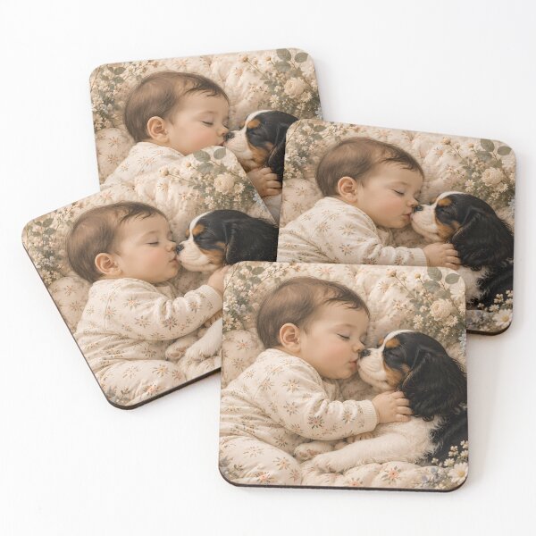 Item preview, Baby and Tricolor Cavalier King Charles Spaniel | Heartwarming Friendship Art designed and sold by ManJiangHong.