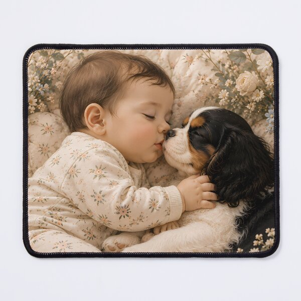 Item preview, Baby and Tricolor Cavalier King Charles Spaniel | Heartwarming Friendship Art designed and sold by ManJiangHong.