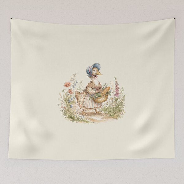 Item preview, Charming Bonnet-Wearing Duck Walking with Flower Basket Watercolor Illustration designed and sold by Pasteltone.