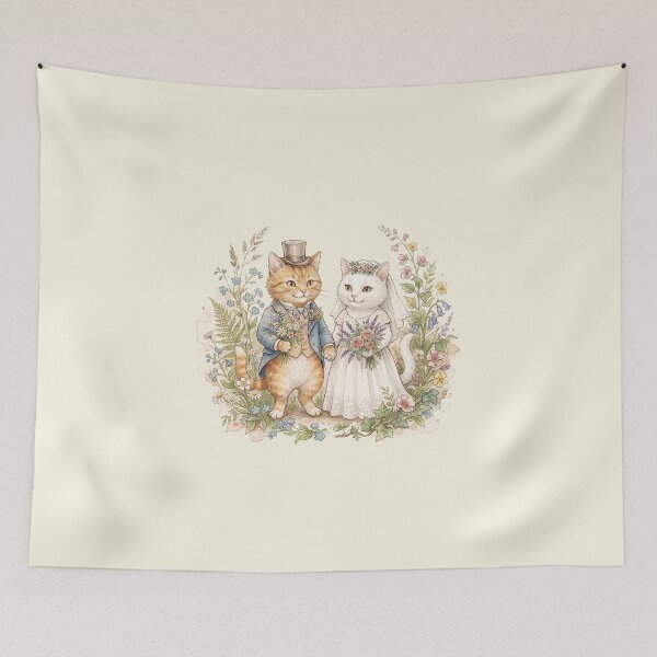 Item preview, Romantic Cat Wedding Couple in Garden Watercolor Painting designed and sold by Pasteltone.