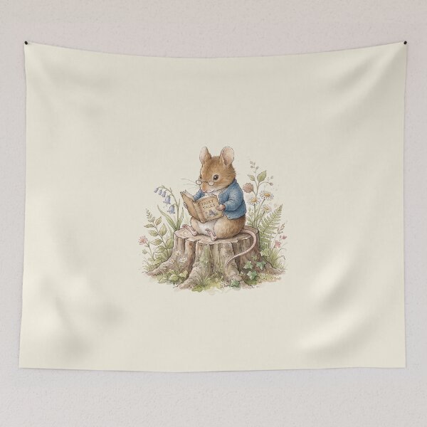 Item preview, Intellectual Mouse in Glasses Reading "Fairy Tales" Watercolor Art Print designed and sold by Pasteltone.