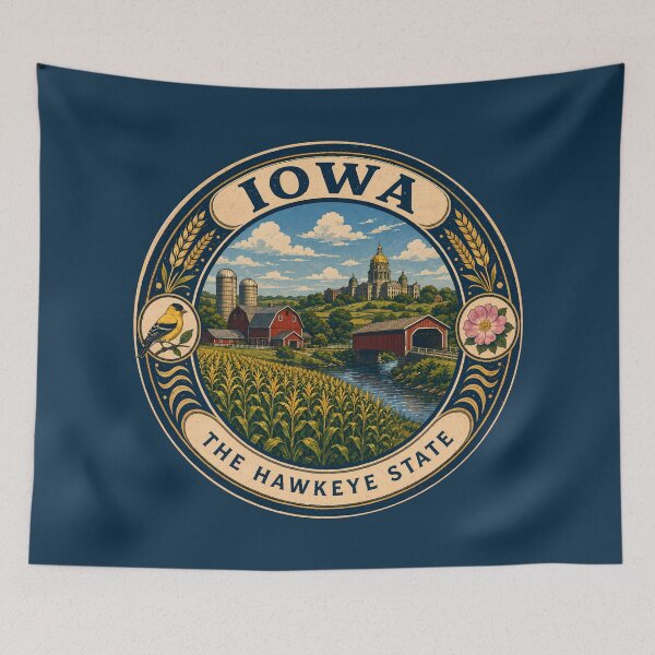 Item preview, Iowa Landscape Illustration Travel Art Badge designed and sold by KrisSidDesigns.