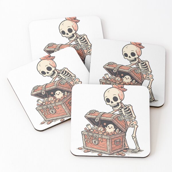 Item preview, Skeleton with Bow Peeking into Treasure Chest Full of Coins and Cute Ghost designed and sold by MisteryDesigner.
