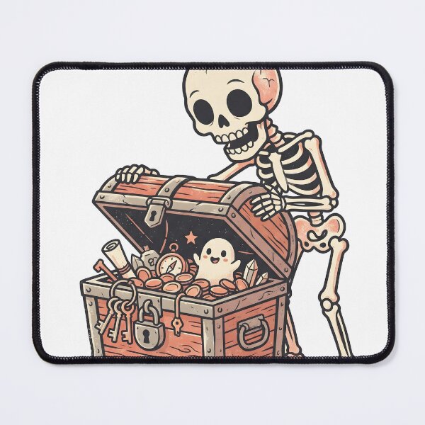 Item preview, Skeleton with Bow Peeking into Treasure Chest Full of Coins and Cute Ghost designed and sold by MisteryDesigner.