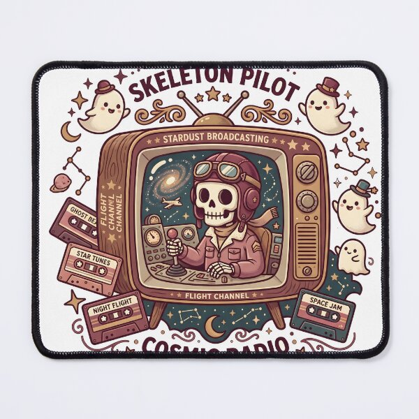 Item preview, Skeleton Pilot in Aviator Helmet Broadcasting from Retro Television with Ghosts and Cassettes designed and sold by MisteryDesigner.