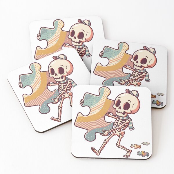Item preview, Skeleton in Cap and Scarf Carrying Giant Patterned Puzzle Piece with Small Pieces on Ground designed and sold by MisteryDesigner.