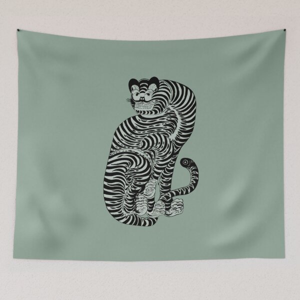 Item preview, Japanese Animal Art - Cat - Modern Ukiyo-e - Japandi, Sage Green designed and sold by Black Swallow.