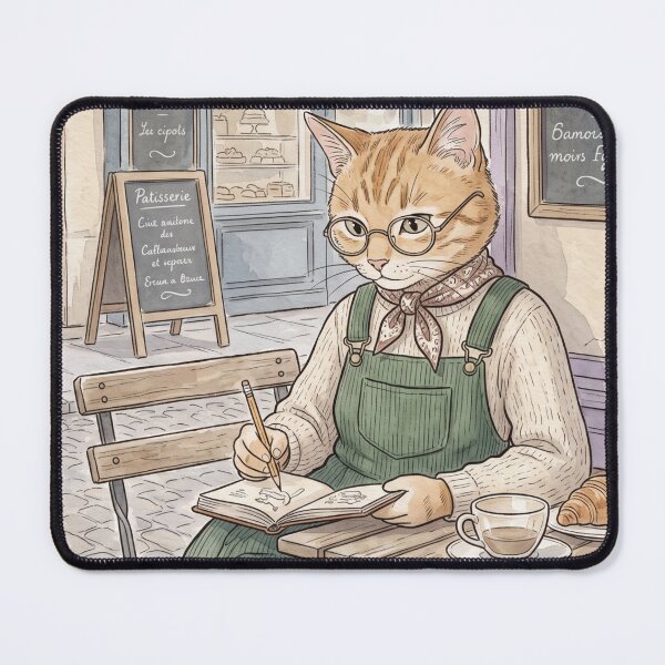 Item preview, Artist cat drawing in a cozy watercolor French pastry shop designed and sold by TheCoolCatsMx.