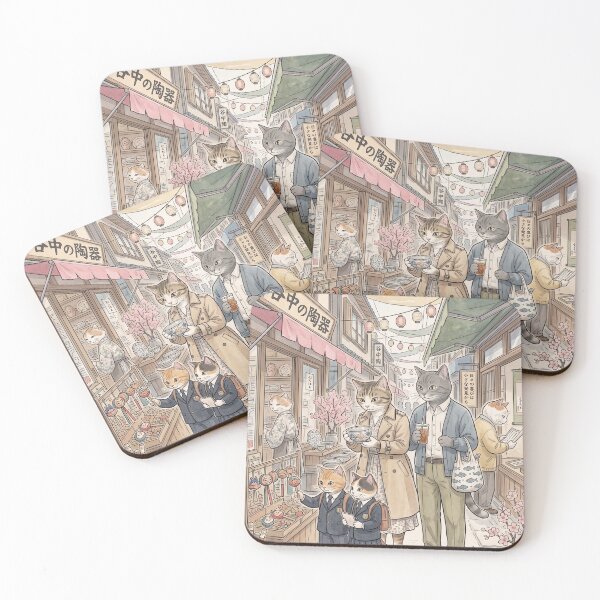 Item preview, Watercolor illustration of a family of cats in a traditional Japanese alleyway designed and sold by TheCoolCatsMx.
