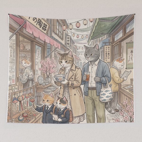 Item preview, Watercolor illustration of a family of cats in a traditional Japanese alleyway designed and sold by TheCoolCatsMx.