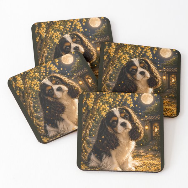 Item preview, Moonlit Tricolor Cavalier King Charles Spaniel Under Osmanthus Blossoms | Dreamy Night Dog Portrait designed and sold by ManJiangHong.