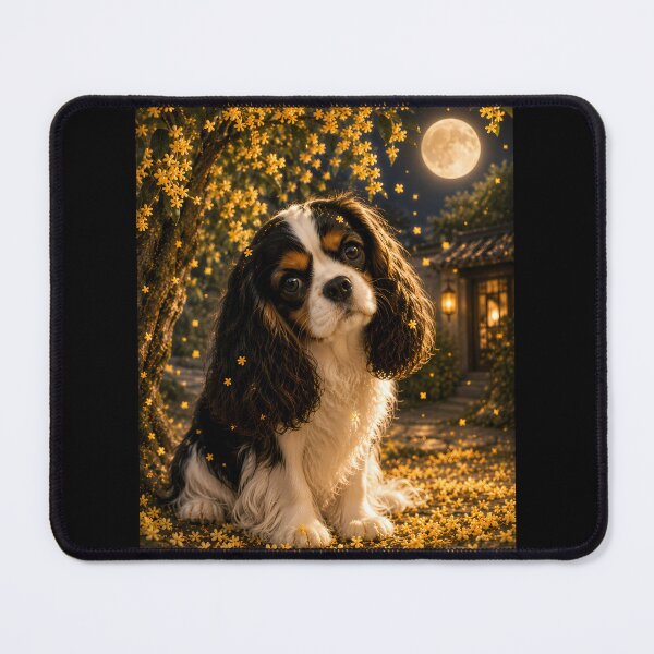 Item preview, Moonlit Tricolor Cavalier King Charles Spaniel Under Osmanthus Blossoms | Dreamy Night Dog Portrait designed and sold by ManJiangHong.