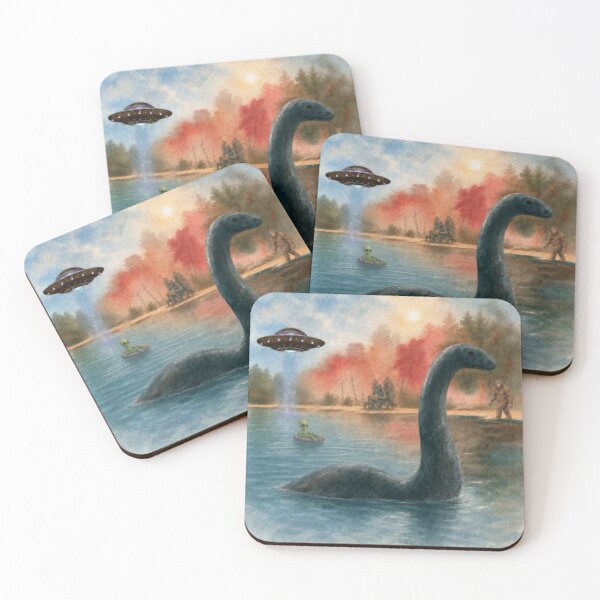 Item preview, Cryptid Lake Scene – Nessie, UFO, Alien, Mothman & Bigfoot designed and sold by darametzgerart.