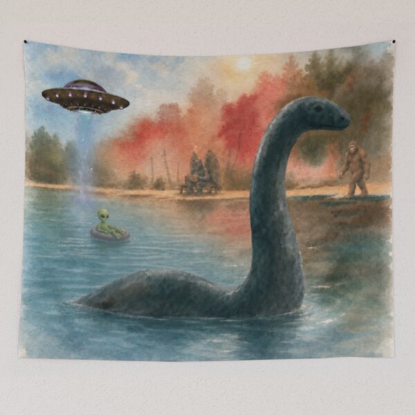 Item preview, Cryptid Lake Scene – Nessie, UFO, Alien, Mothman & Bigfoot designed and sold by darametzgerart.