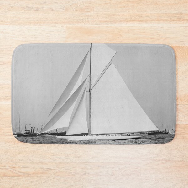 Item preview, 1903 Rhode Island America's Cup defender Reliance crossing the finish line on the August 25th race black and white nautical photograph designed and sold by Astrid Arkhangelsky.