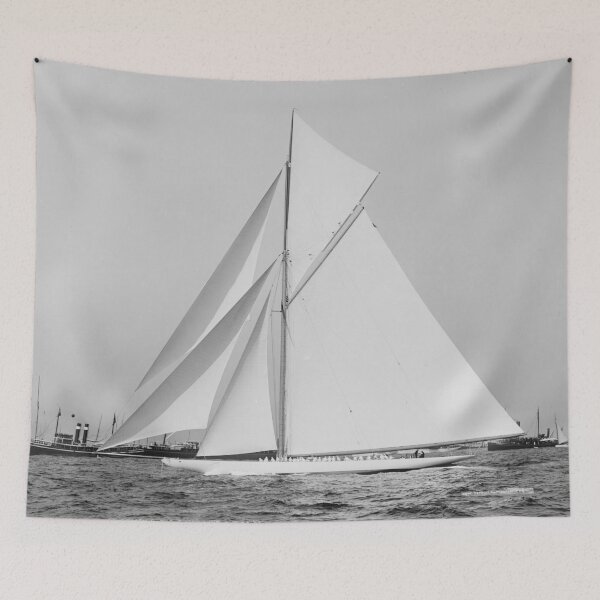 Item preview, 1903 Rhode Island America's Cup defender Reliance crossing the finish line on the August 25th race black and white nautical photograph designed and sold by Astrid Arkhangelsky.
