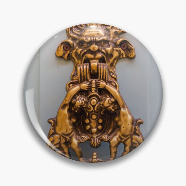 Item preview, Ornate Antique Brass Door Knocker With Gargoyle Face And Decorative Lions On Pale Door designed and sold by Nmallia.