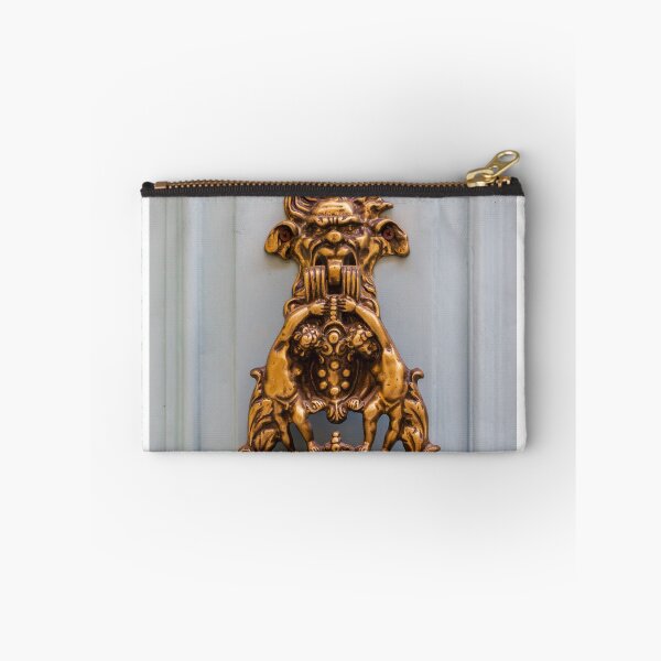 Item preview, Ornate Antique Brass Door Knocker With Gargoyle Face And Decorative Lions On Pale Door designed and sold by Nmallia.