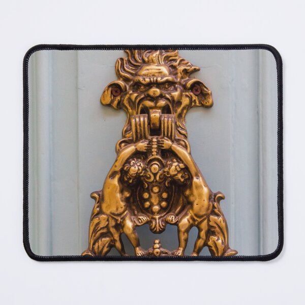 Item preview, Ornate Antique Brass Door Knocker With Gargoyle Face And Decorative Lions On Pale Door designed and sold by Nmallia.