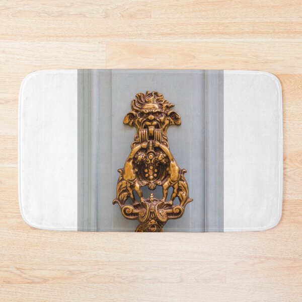 Item preview, Ornate Antique Brass Door Knocker With Gargoyle Face And Decorative Lions On Pale Door designed and sold by Nmallia.