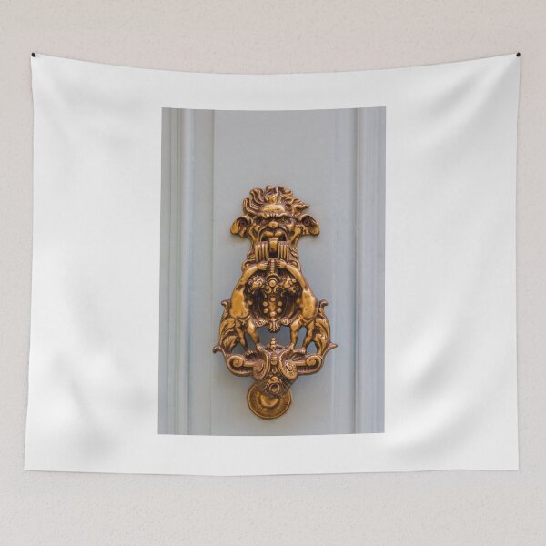 Item preview, Ornate Antique Brass Door Knocker With Gargoyle Face And Decorative Lions On Pale Door designed and sold by Nmallia.