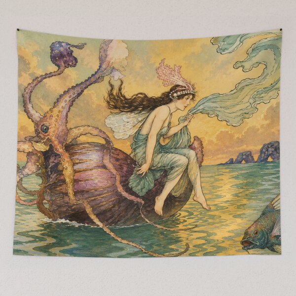 Item preview, For the Nautilus is my boat by Warwick Goble - Art Nouveau Mermaid Illustration – Nautilus Fairy Fantasy Wall Art for Coastal Decor Lovers designed and sold by RickE.