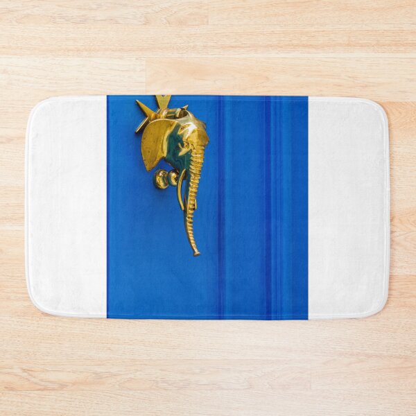 Item preview, Golden Elephant Door Knocker on Vibrant Blue Door, Brass Decor and Architectural Detail designed and sold by Nmallia.