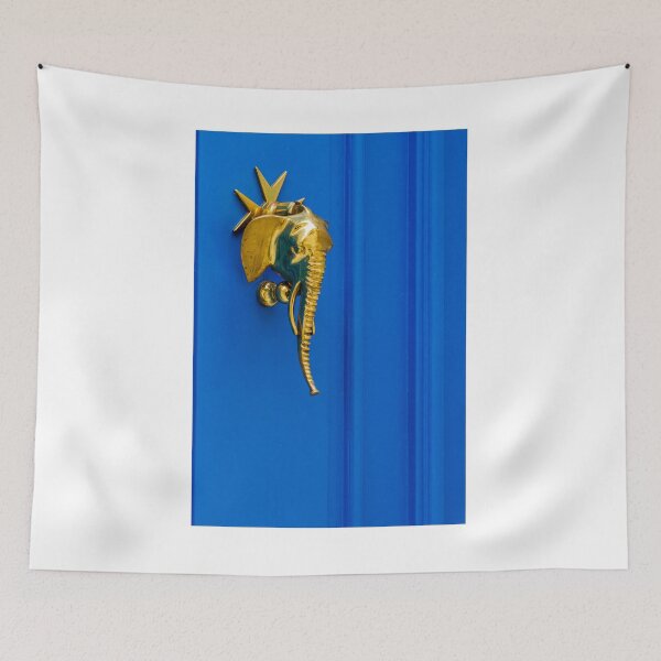 Item preview, Golden Elephant Door Knocker on Vibrant Blue Door, Brass Decor and Architectural Detail designed and sold by Nmallia.