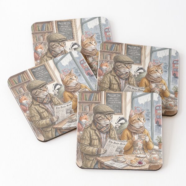 Item preview, Illustration of cats having tea in a cozy cafe in the rain designed and sold by TheCoolCatsMx.