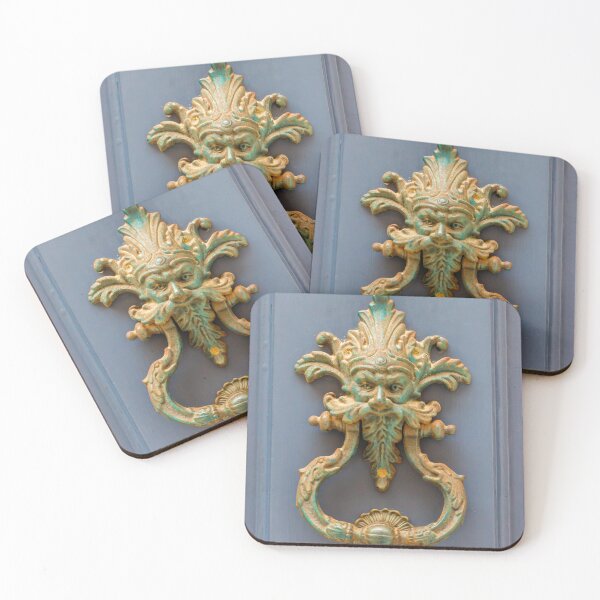 Item preview, Ornate Antique Brass Door Knocker With Green Patina On Painted Blue Door Panel designed and sold by Nmallia.