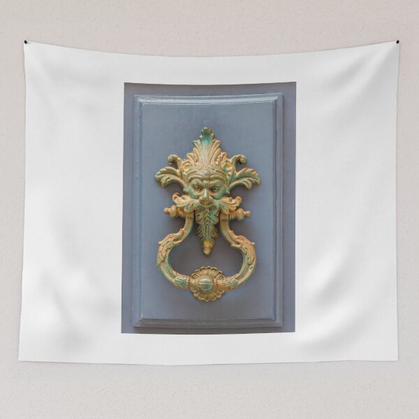 Item preview, Ornate Antique Brass Door Knocker With Green Patina On Painted Blue Door Panel designed and sold by Nmallia.