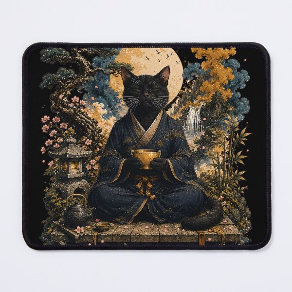 Item preview, Zen Cat Meditation | Japanese Moon Garden Black Cat | Koi Pond & Sakura Spiritual Cat Art Gift designed and sold by BlackCat Vibe.