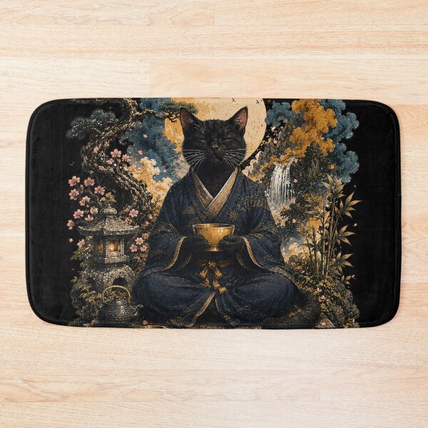 Item preview, Zen Cat Meditation | Japanese Moon Garden Black Cat | Koi Pond & Sakura Spiritual Cat Art Gift designed and sold by BlackCat Vibe.