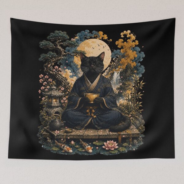 Item preview, Zen Cat Meditation | Japanese Moon Garden Black Cat | Koi Pond & Sakura Spiritual Cat Art Gift designed and sold by BlackCat Vibe.
